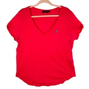 Polo Ralph Lauren Womens V-Neck T-Shirt Red Pink Pony Logo Short Sleeve Size L